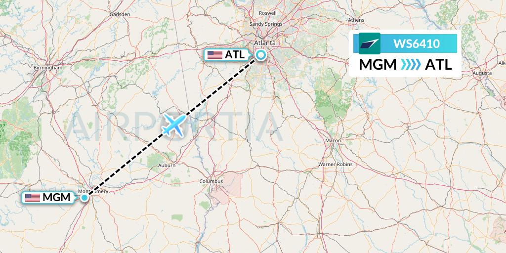 WS6410 WestJet Flight Map: Montgomery to Atlanta