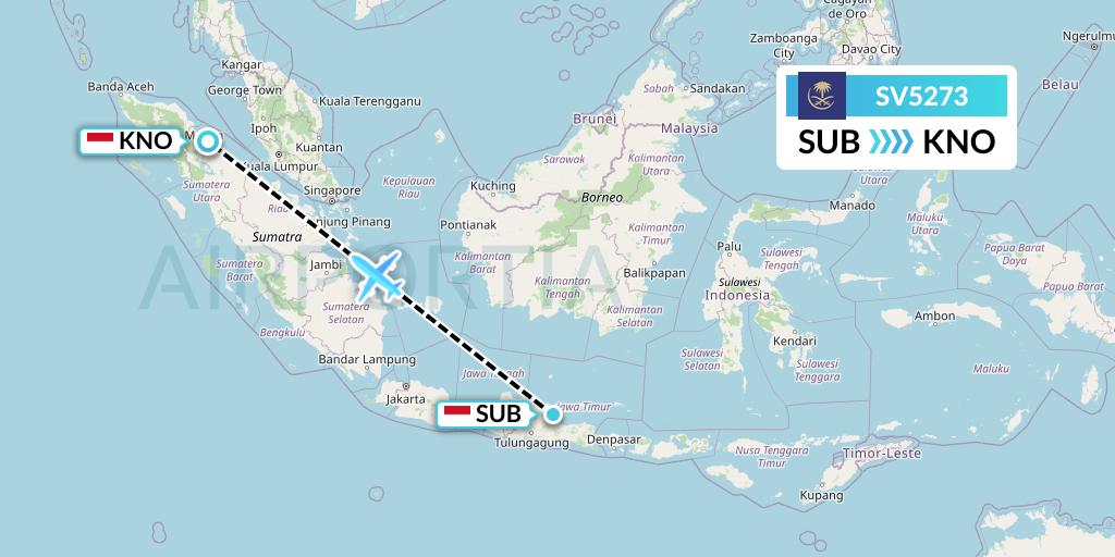 SV5273 Saudi Arabian Airlines Flight Map: Surabaya to Medan