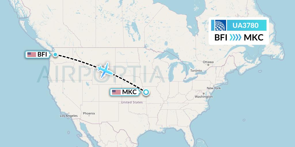 UA3780 United Airlines Flight Map: Seattle to Kansas City