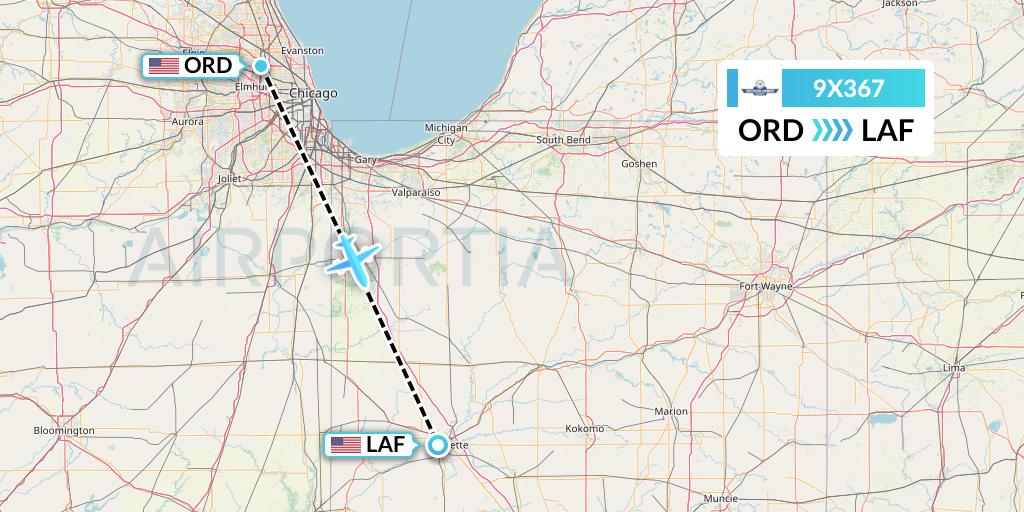 9X367 Southern Airways Express Flight Map: Chicago to Lafayette