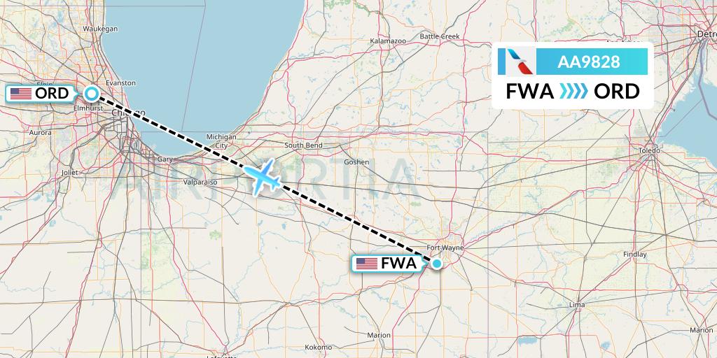 AA9828 American Airlines Flight Map: Fort Wayne to Chicago