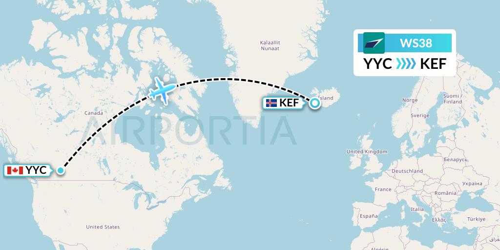 WS38 WestJet Flight Map: Calgary to Reykjavik