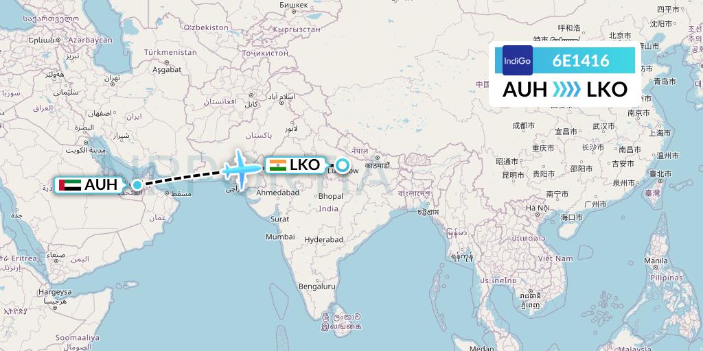 6E1416 IndiGo Airlines Flight Map: Abu Dhabi to Lucknow