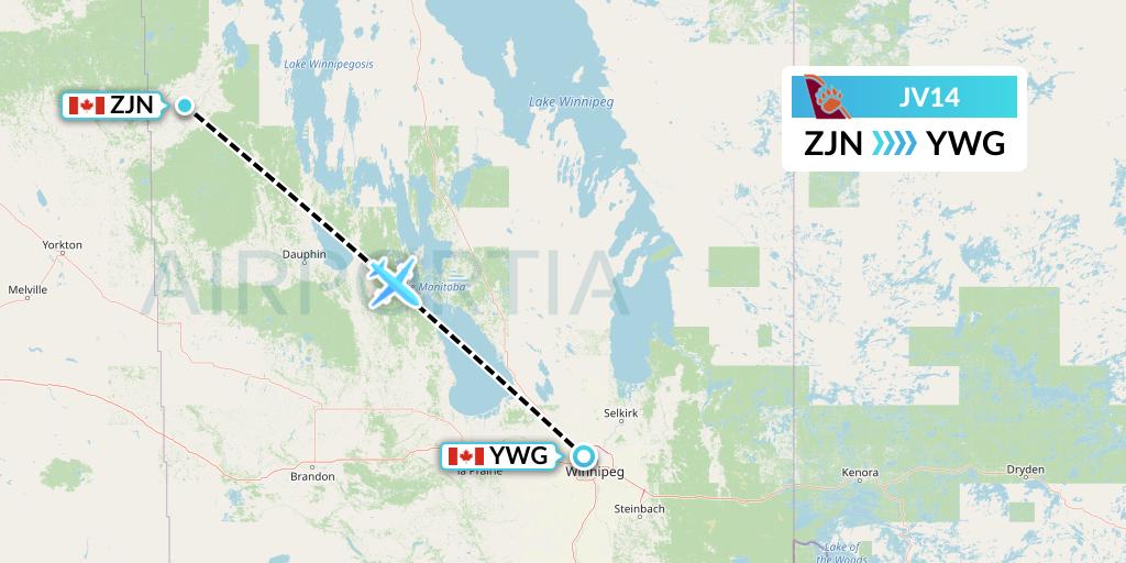 JV14 Bearskin Airlines Flight Map: Swan River to Winnipeg