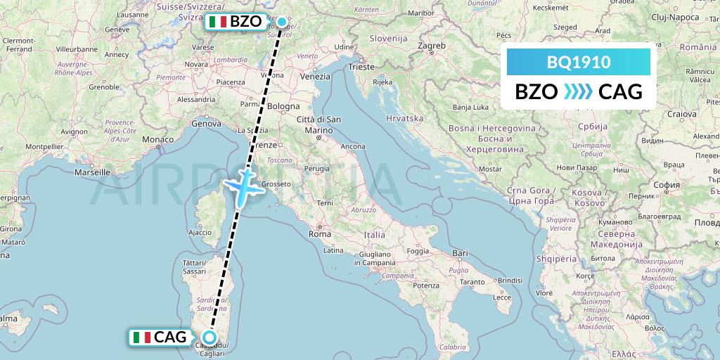 BQ1910 Skyalps Flight Map: Bolzano to Cagliari
