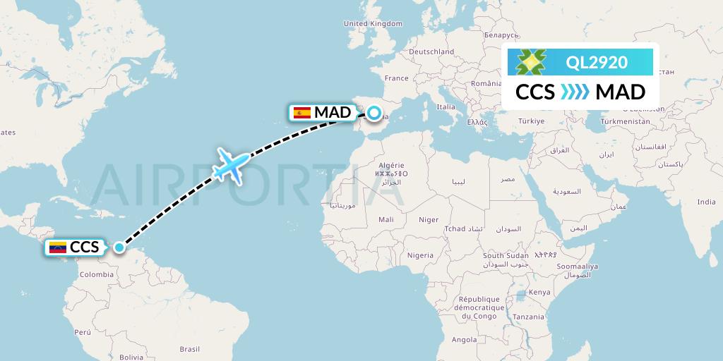 QL2920 Laser Airlines Flight Map: Caracas to Madrid