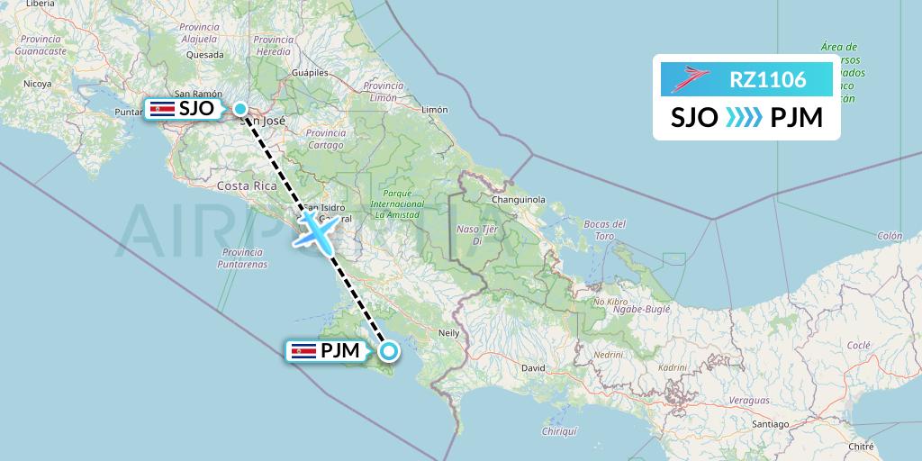 RZ1106 Sansa Airlines Flight Map: San Jose to Puerto Jimenez