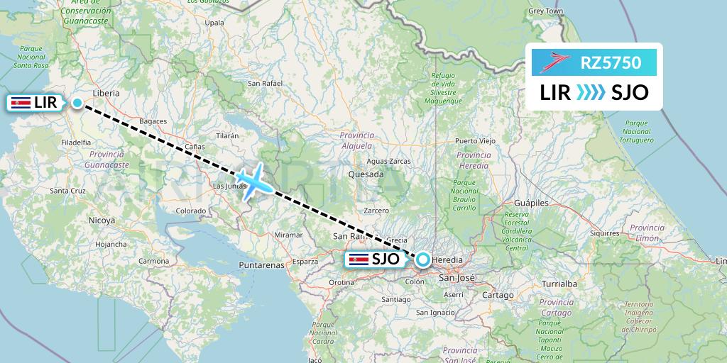 RZ5750 Sansa Airlines Flight Map: Liberia to San Jose