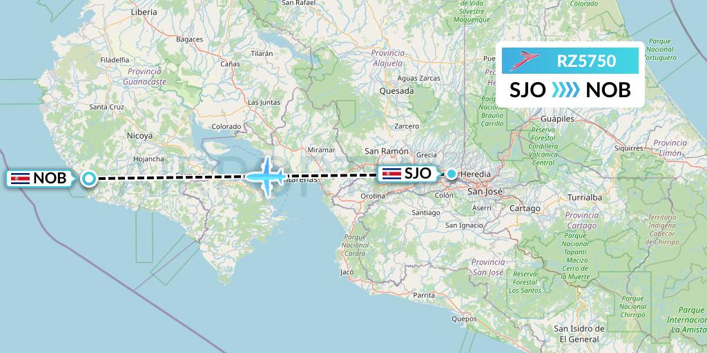 RZ5750 Sansa Airlines Flight Map: San Jose to Nicoya