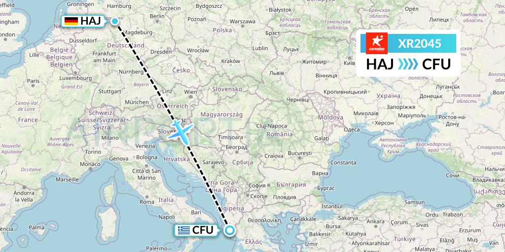 XR2045 Corendon Airlines Europe Flight Map: Hannover to Corfu