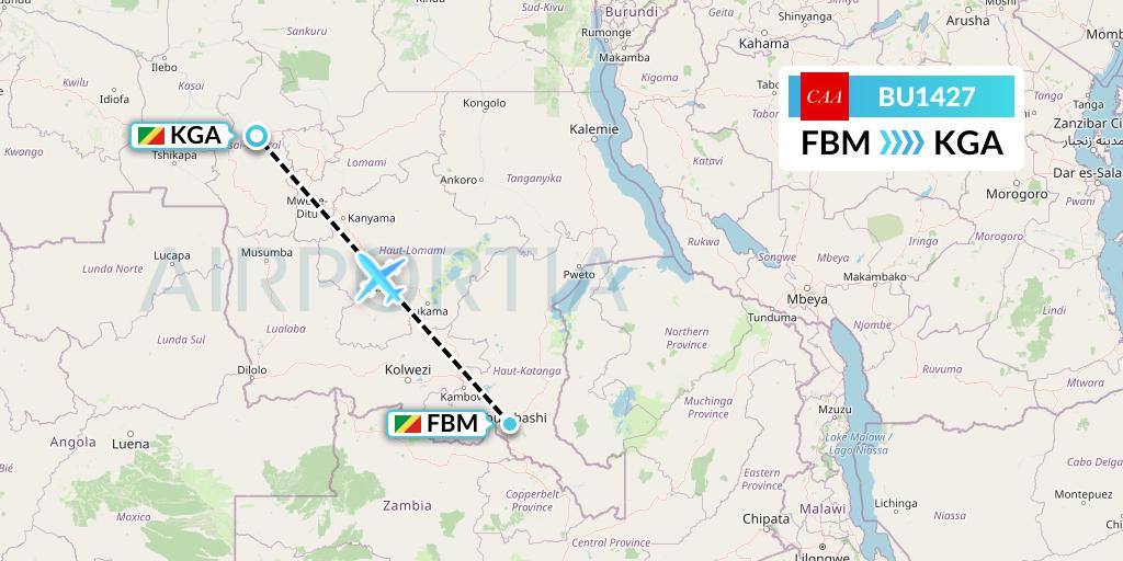 BU1427 flyCAA Flight Map: Lubumbashi to Kananga
