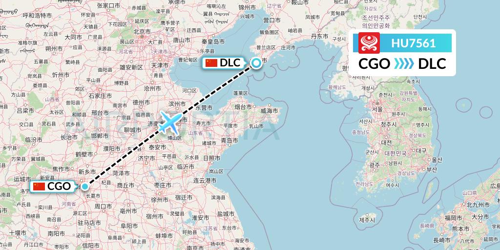 HU7561 Hainan Airlines Flight Map: Zhengzhou to Dalian