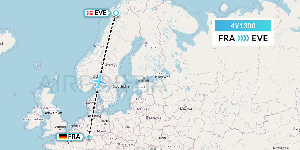 4Y1300 Eurowings Discover Flight Map: Frankfurt to Harstad