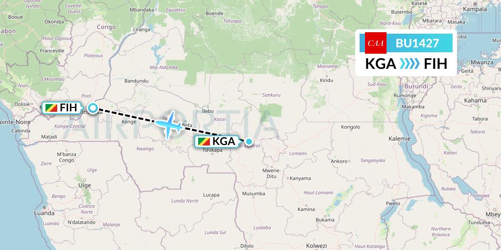 BU1427 flyCAA Flight Map: Kananga to Kinshasa