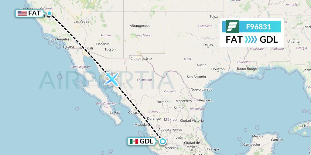 F96831 Frontier Airlines Flight Map: Fresno to Guadalajara