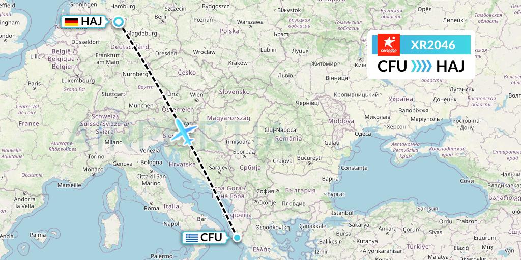 XR2046 Corendon Airlines Europe Flight Map: Corfu to Hannover
