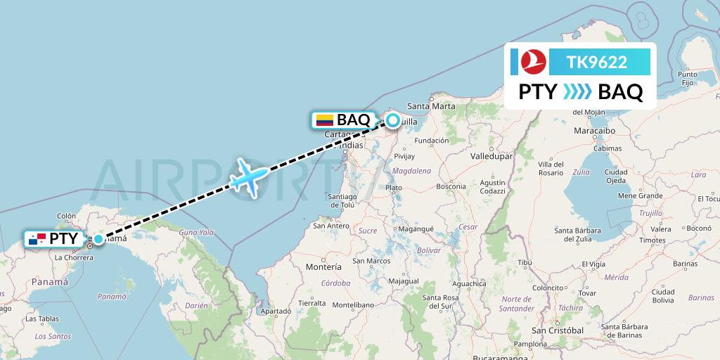 TK9622 Turkish Airlines Flight Map: Panama City to Barranquilla