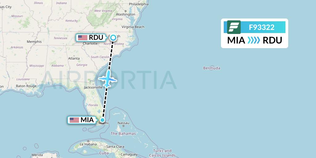 F93322 Frontier Airlines Flight Map: Miami to Raleigh-Durham