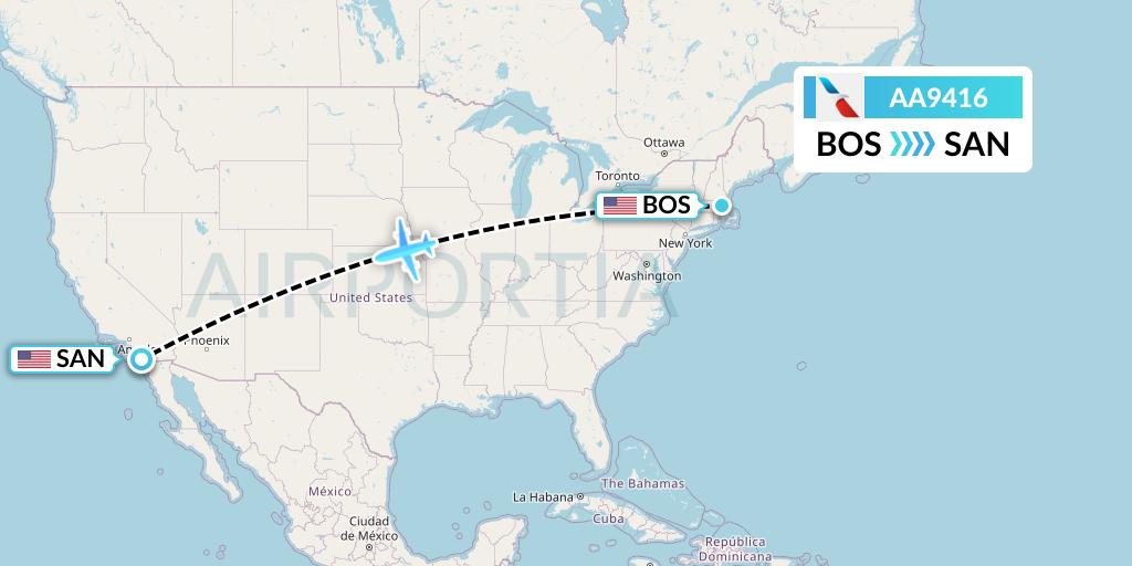 AA9416 American Airlines Flight Map: Boston to San Diego