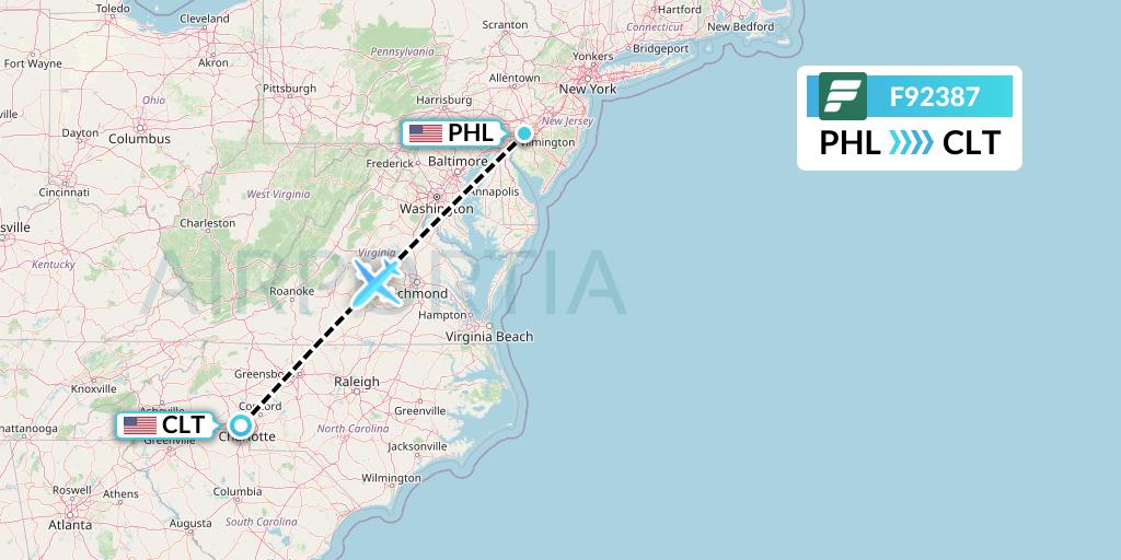 F92387 Frontier Airlines Flight Map: Philadelphia to Charlotte