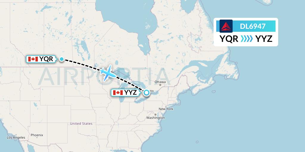 DL6947 Delta Air Lines Flight Map: Regina to Toronto