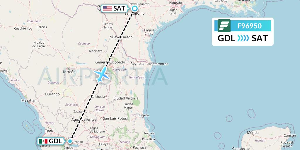 F96950 Frontier Airlines Flight Map: Guadalajara to San Antonio