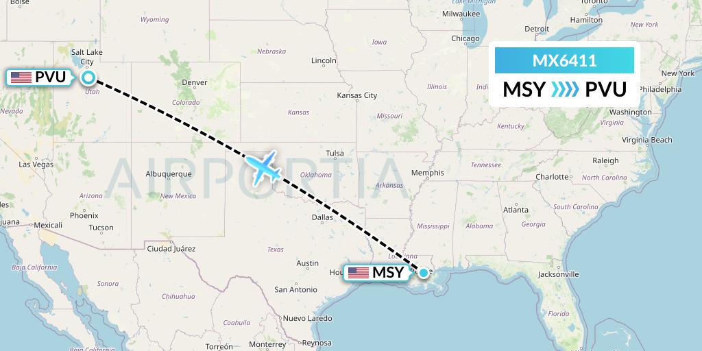 MX6411 Breeze Airways Flight Map: New Orleans to Provo