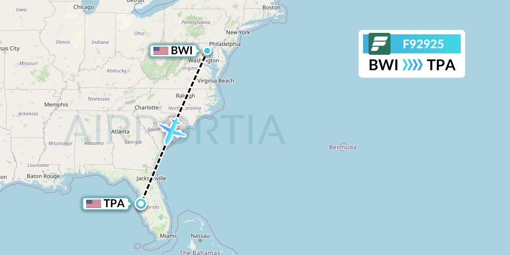 F92925 Frontier Airlines Flight Map: Baltimore to Tampa