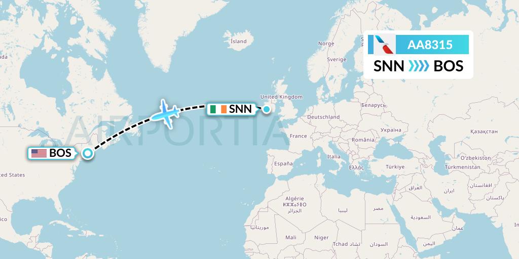 AA8315 American Airlines Flight Map: Shannon to Boston