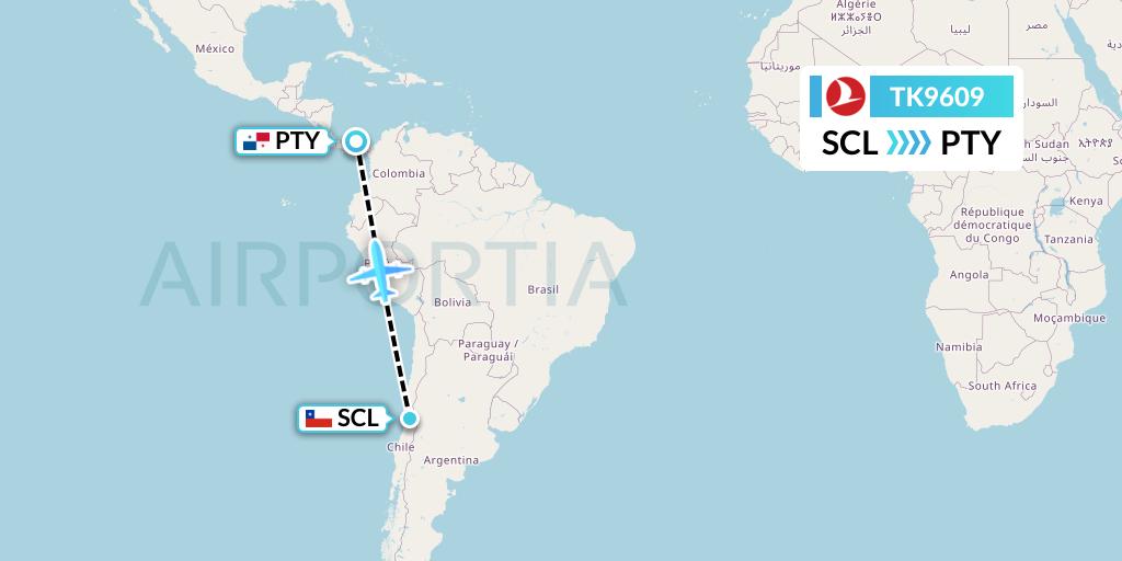 TK9609 Turkish Airlines Flight Map: Santiago to Panama City