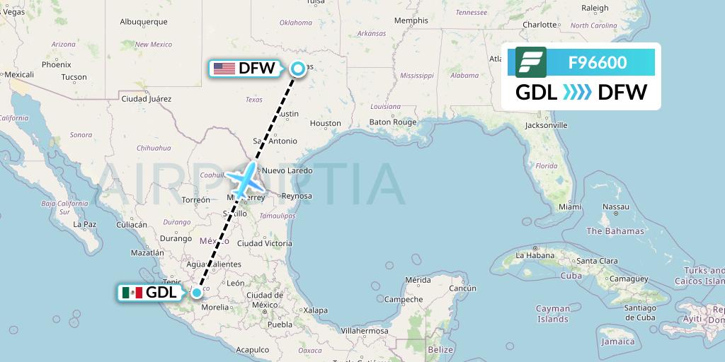 F96600 Frontier Airlines Flight Map: Guadalajara to Dallas