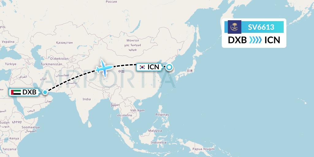 SV6613 Saudi Arabian Airlines Flight Map: Dubai to Seoul