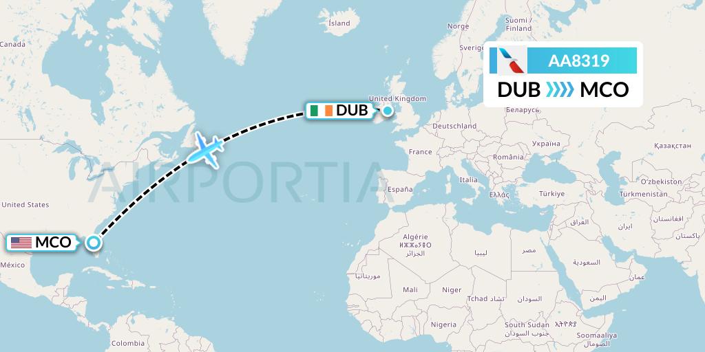 AA8319 American Airlines Flight Map: Dublin to Orlando
