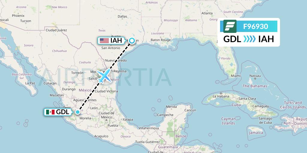 F96930 Frontier Airlines Flight Map: Guadalajara to Houston