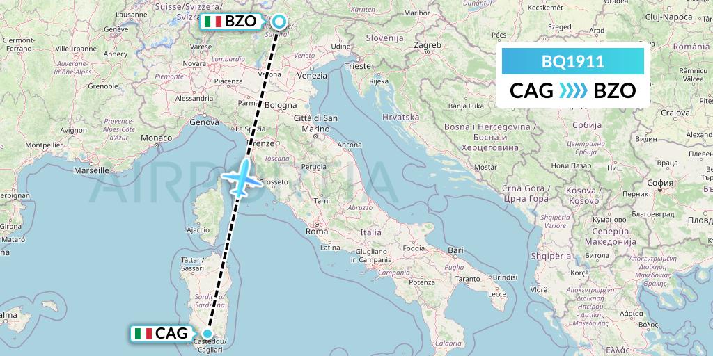 BQ1911 Skyalps Flight Map: Cagliari to Bolzano