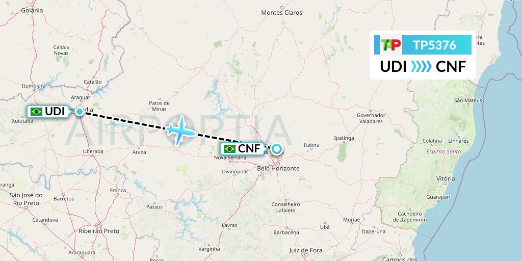 TP5376 TAP Portugal Flight Map: Uberlandia to Belo Horizonte