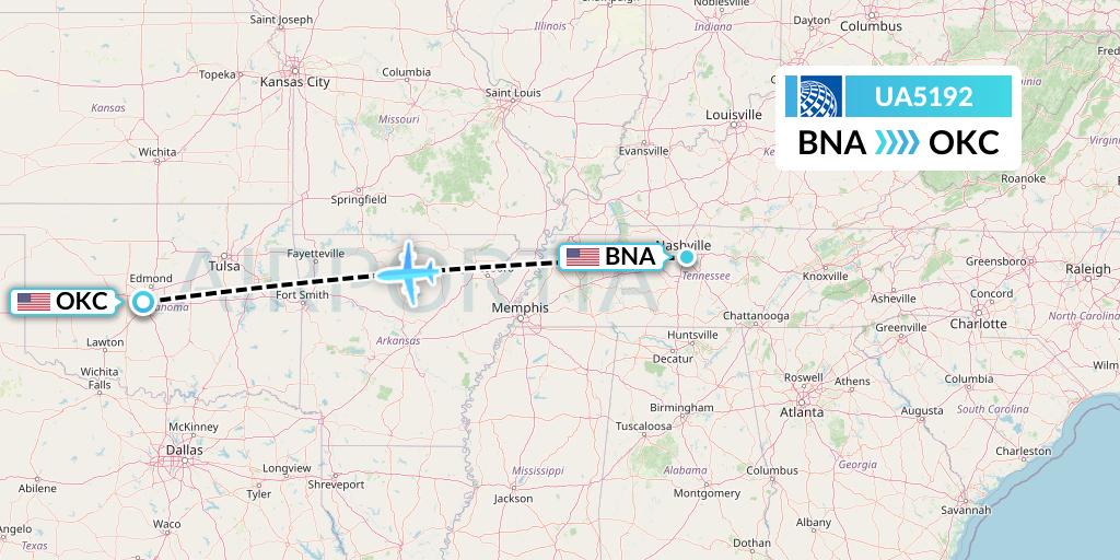 UA5192 United Airlines Flight Map: Nashville to Oklahoma City