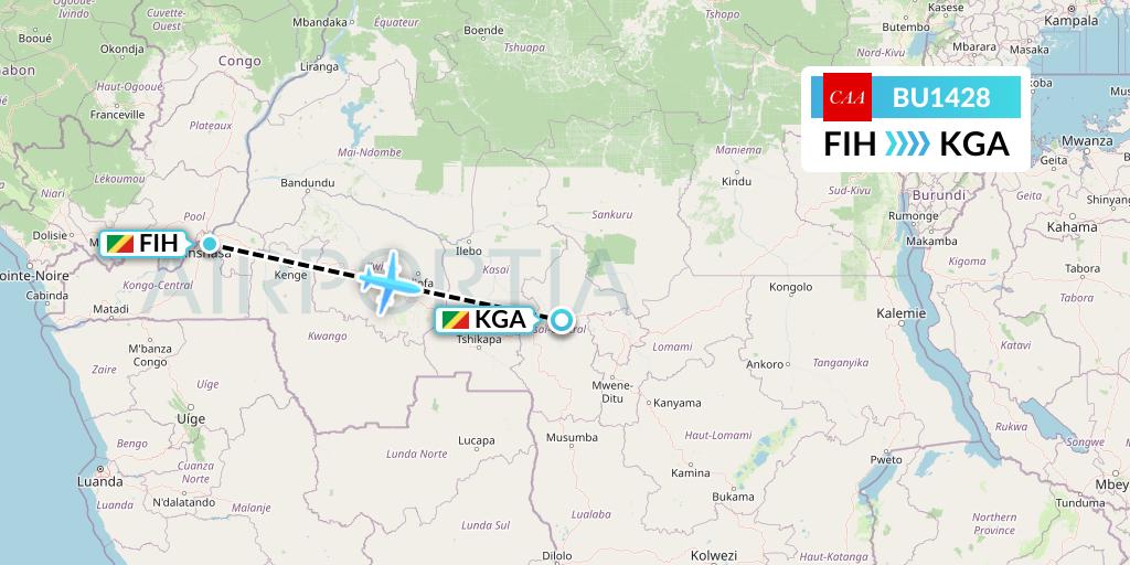 BU1428 flyCAA Flight Map: Kinshasa to Kananga