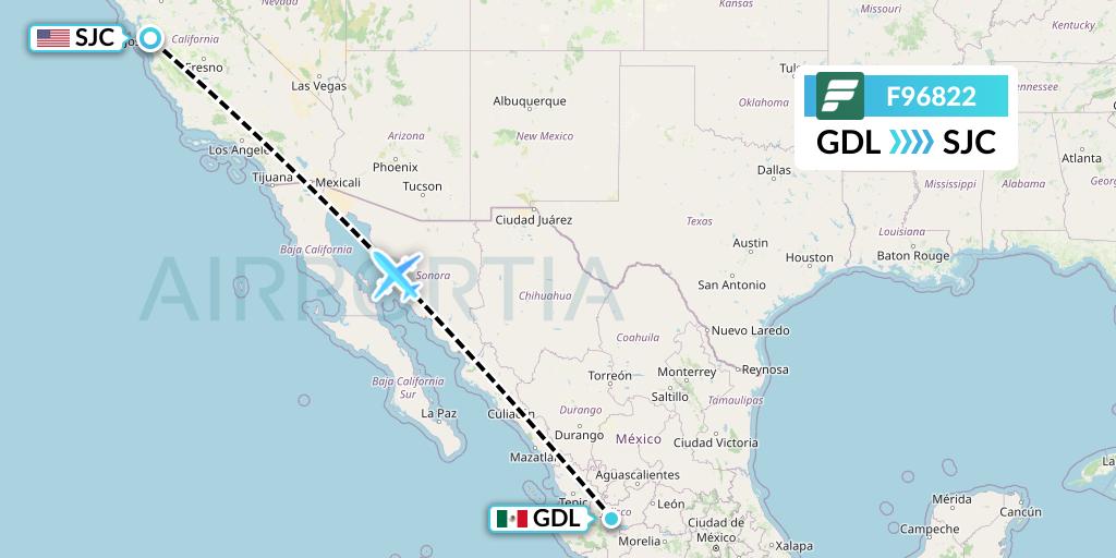 F96822 Frontier Airlines Flight Map: Guadalajara to San Jose