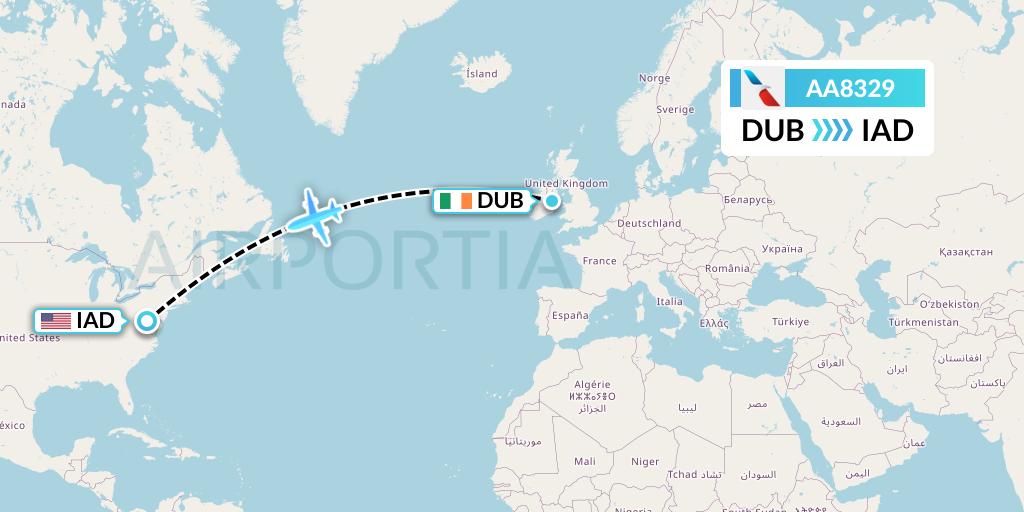 AA8329 American Airlines Flight Map: Dublin to Washington