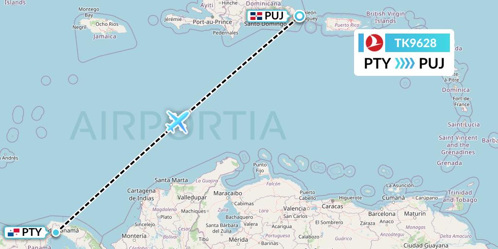 TK9628 Turkish Airlines Flight Map: Panama City to Punta Cana