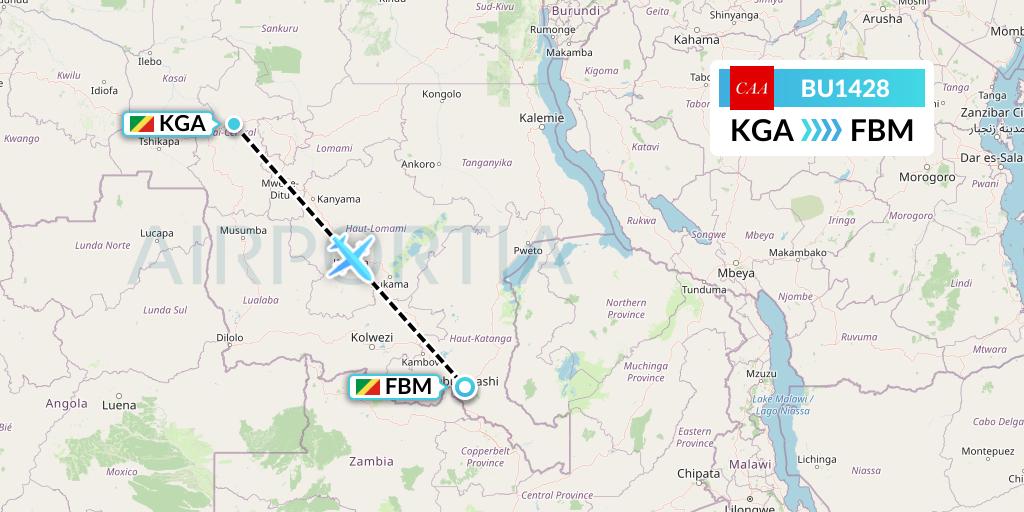 BU1428 flyCAA Flight Map: Kananga to Lubumbashi