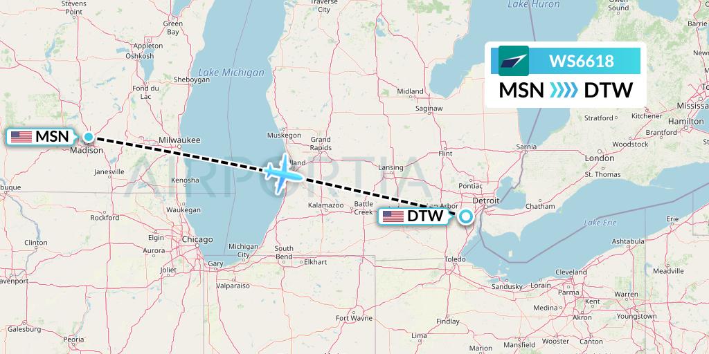 WS6618 WestJet Flight Map: Madison to Detroit