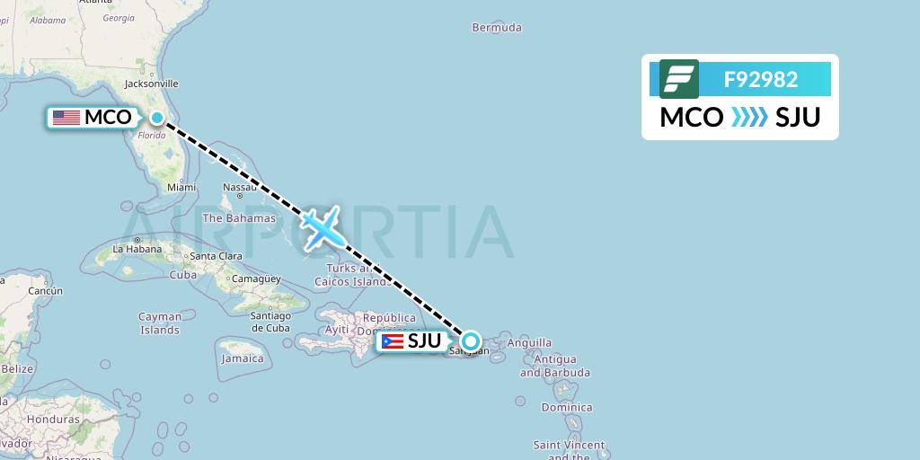 F92982 Frontier Airlines Flight Map: Orlando to San Juan
