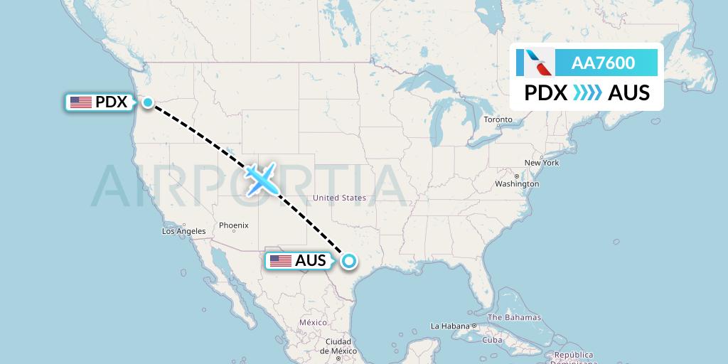 AA7600 American Airlines Flight Map: Portland to Austin