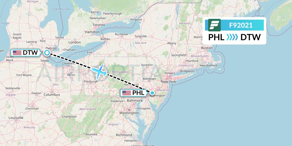 F92021 Frontier Airlines Flight Map: Philadelphia to Detroit