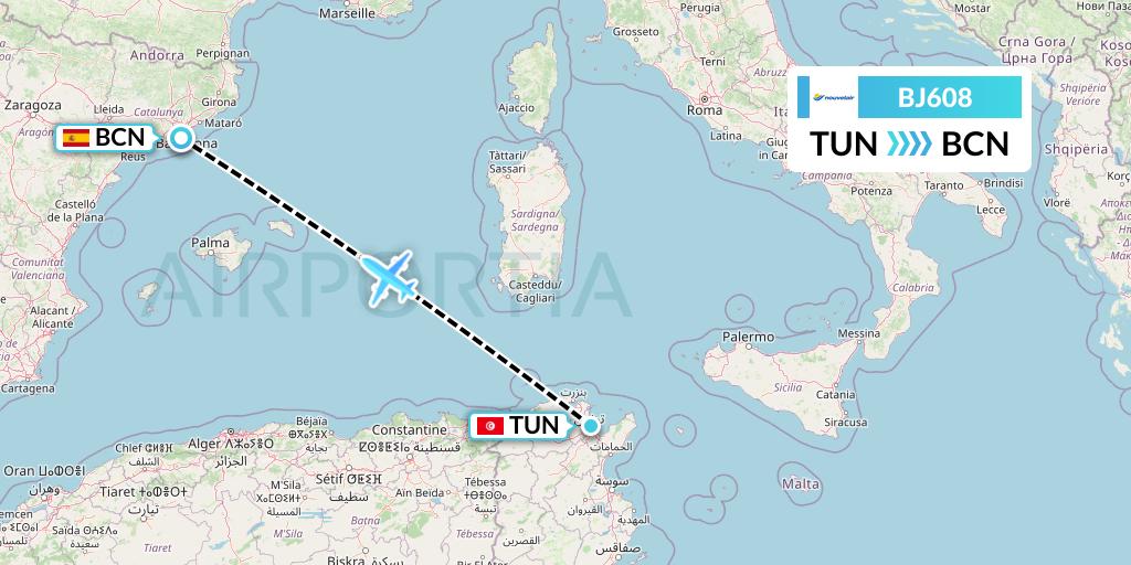 BJ608 Nouvelair Tunisie Flight Map: Tunis to Barcelona