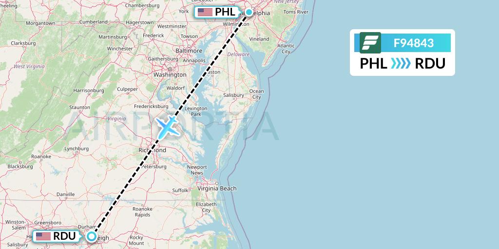 F94843 Frontier Airlines Flight Map: Philadelphia to Raleigh-Durham