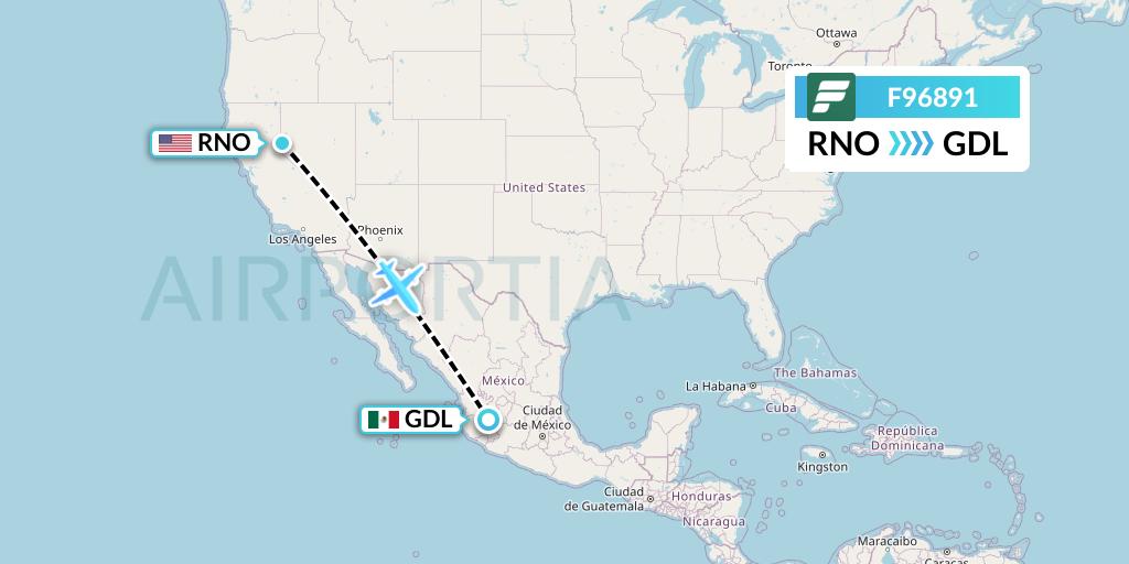 F96891 Frontier Airlines Flight Map: Reno to Guadalajara