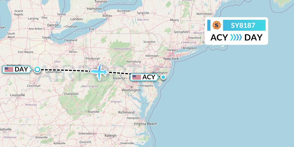 SY8187 Sun Country Airlines Flight Map: Atlantic City to Dayton